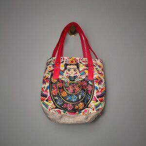 Frida Kahlo Artesanal Floral Boho Crossbody Shoulder Bag, Jute Handbag, Medium S